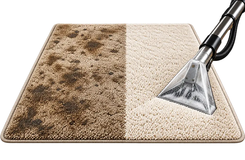 Carpet before and after professional carpet cleaning in Houston with an extraction wand