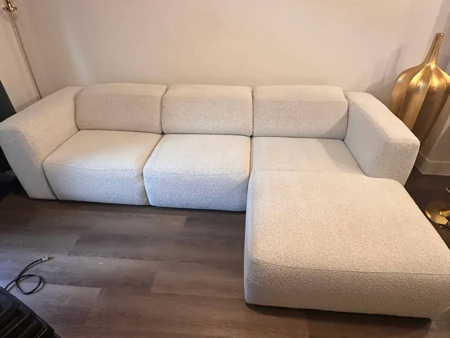 The same white boucle sectional after cleaning and fast drying, white color fully restored