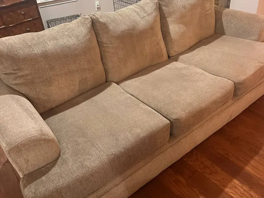 The same beige sofa after dog urine, feces and odor removal