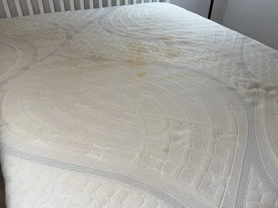 White quilted mattress with urine and yellow organic stains before cleaning in a Houston bedroom