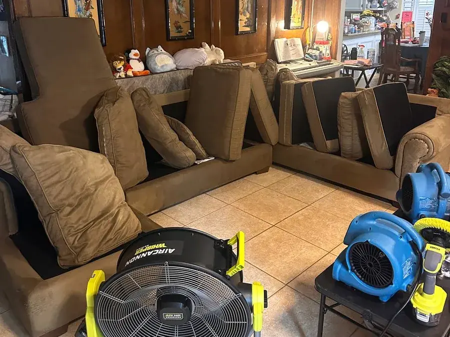 The same sectional after deep cleaning, cushions set up to dry with air movers